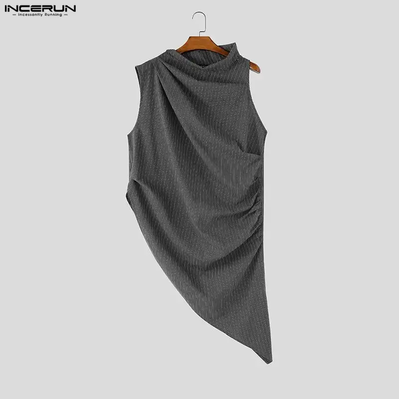 INCERUN Men's Irregular Tank Tops Striped Turtleneck Sleeveless Pleated Male Vests Streetwear Tops For Man Fashion Men Clothes - Image 5
