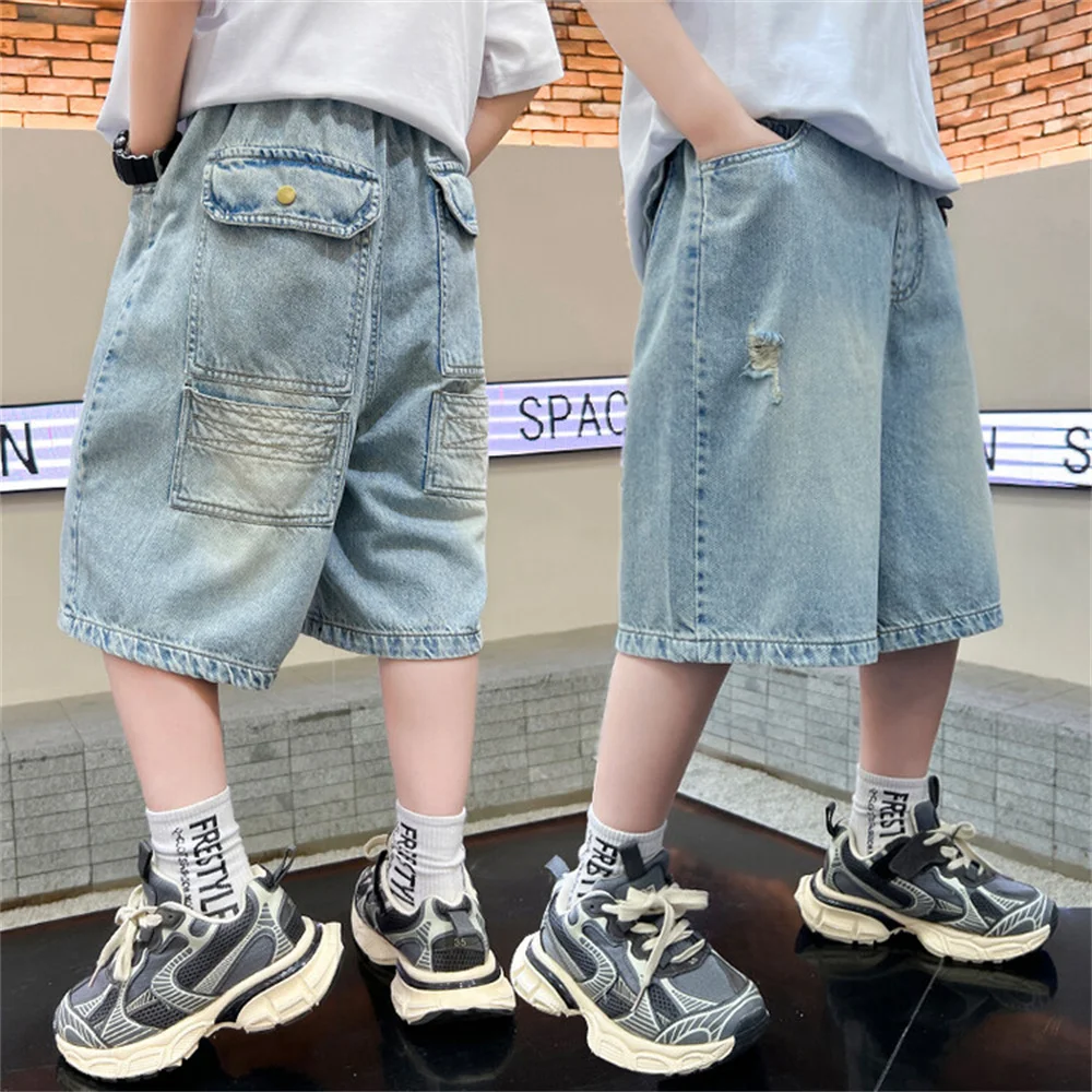 소년 데님 반바지, 청소년 아동용 청바지, 학생 데님 크롭 팬츠, 6832 패션, 여름