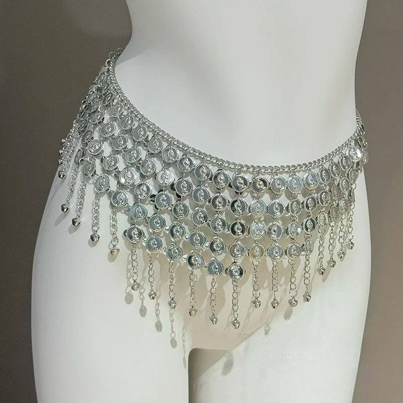 Gold Coin Alloy Waist Chain Belt with Bells - Five-Layer Belly Dance Performance Accessory