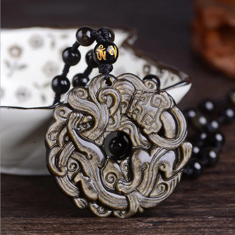 

Natural Gold Obsidian Stone Feng Shui Lucky Pixiu Pendant Necklace Men Women Black Jade wealth Brave Troops Charm Healing Amulet