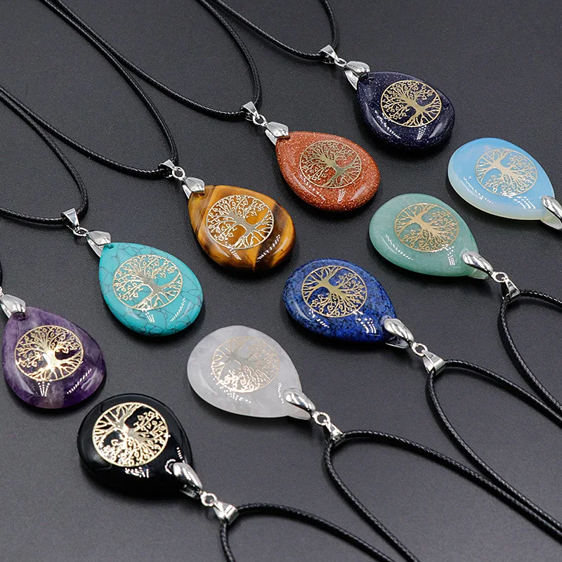 

Natural Stone Tree Of Life Necklace Amethyst Tiger's Eye Opal Crystal Chakra Reiki Healing Pendulum Necklace