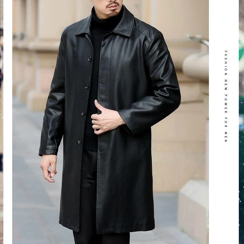 New Trench Coats Men Leather Trench Coat Casaco Masculino X-Long Jackets Fashion Outerwear Coat Jaqueta Masculina