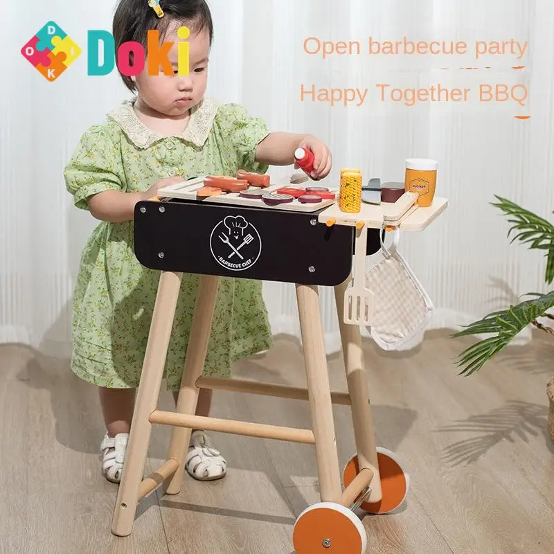 DokiToy Children's Wooden Imitation Barbecue Rack Barbecue Stall Boys And Girls Going Home Food Cognition Chechele Set Toys