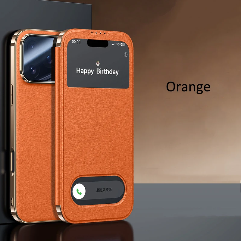 Premium Genuine Leather Flip Case - Elegant Orange Window Book Cover