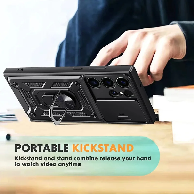 Rotating Slide Camera Lens Military Grade Armor Phone Case with Stand Cover