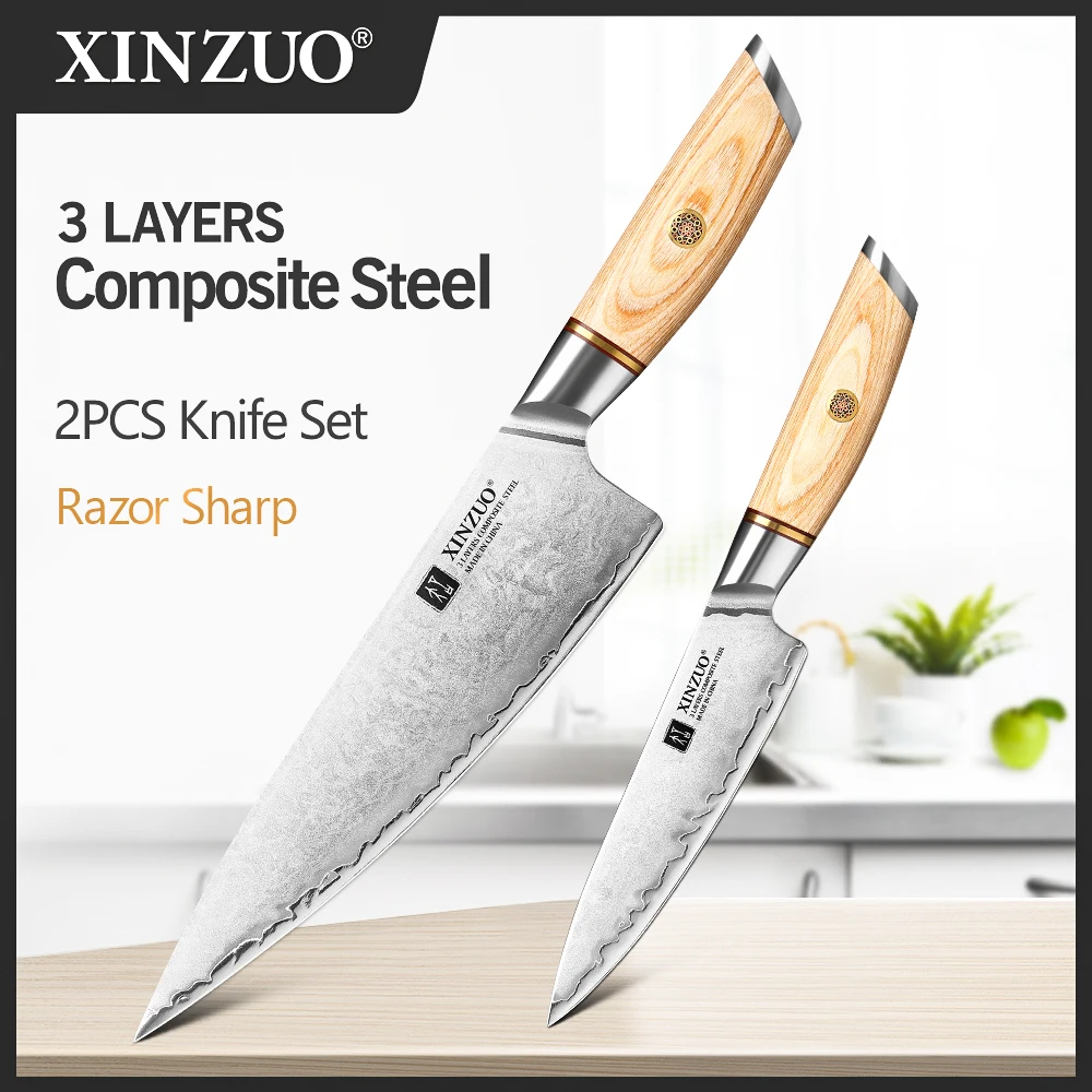 XINZUO 1-5Pcs Knife Set Pakkawood Handle 3-Layer Clad Steel 60±2