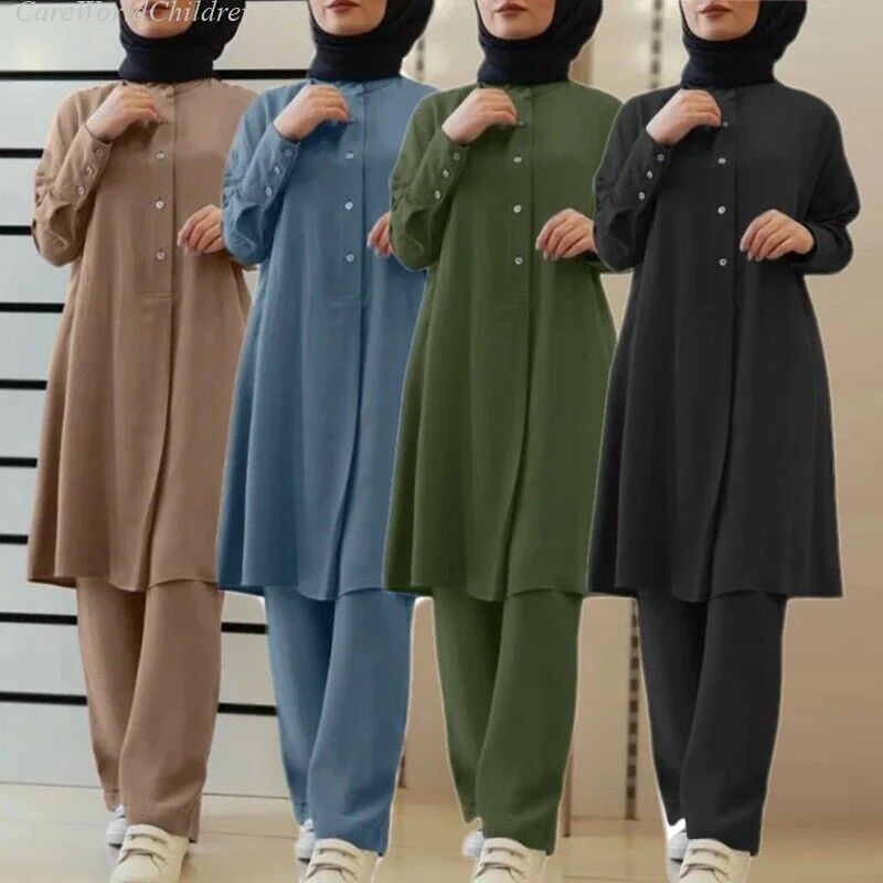 Modest Women Shirts Tops and Pants Autumn Two Pieces Abaya Sets Muslim Islamic Casual Kaftan Robe Turkey Clothing