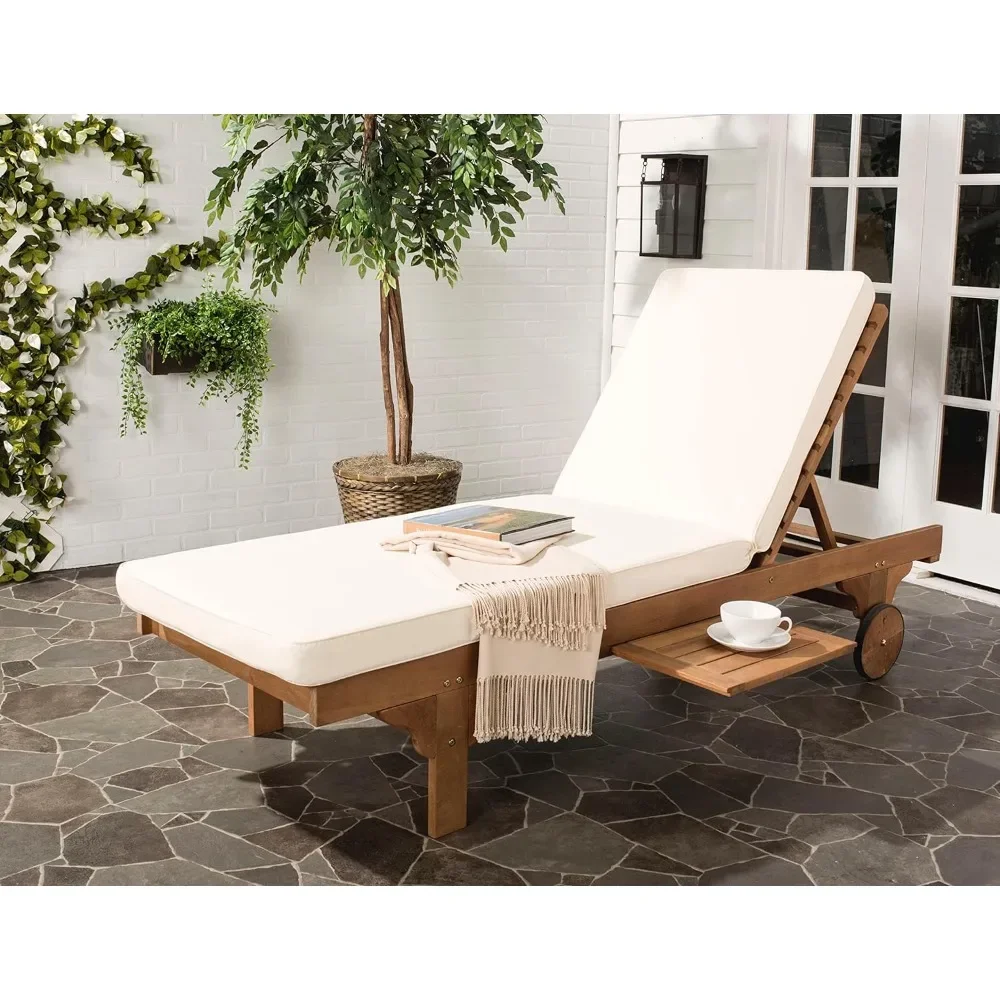 

Chaise Lounge Chair, Natural/ Beige Cushion Built-in Side Table Adjustable Chaise Lounge Chair