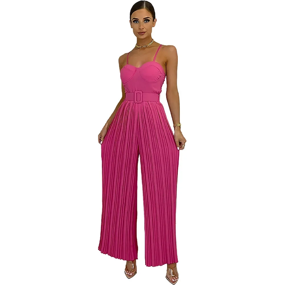Summer Casual Suspenders Long Jumpsuit Women Fashion Solid  Sleeveless Sashes Pleated Wide Leg Jumpsuit Women