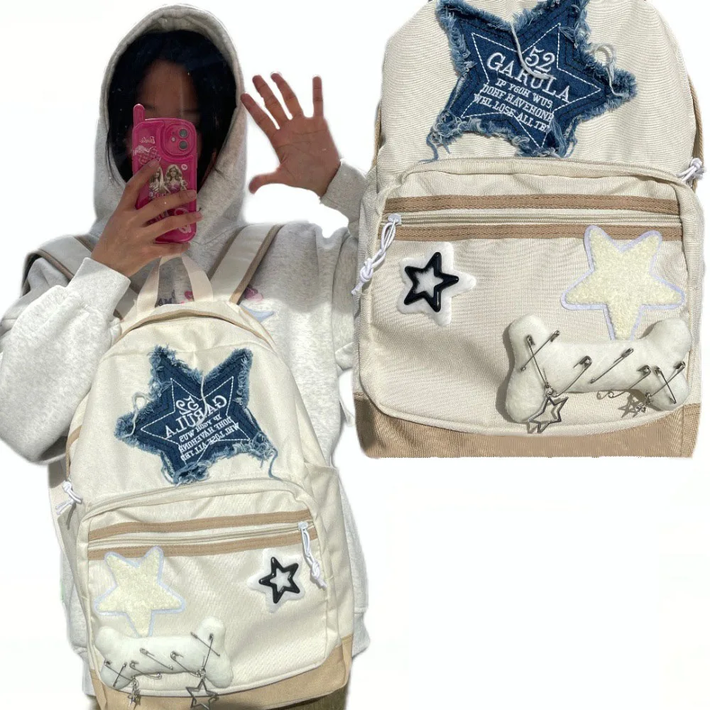 

Fashion Y2k Denim Backpacks Women Personalization Star Patches Backpack Teenagers Girls Casual Vintage Large Capacity Schoolbag