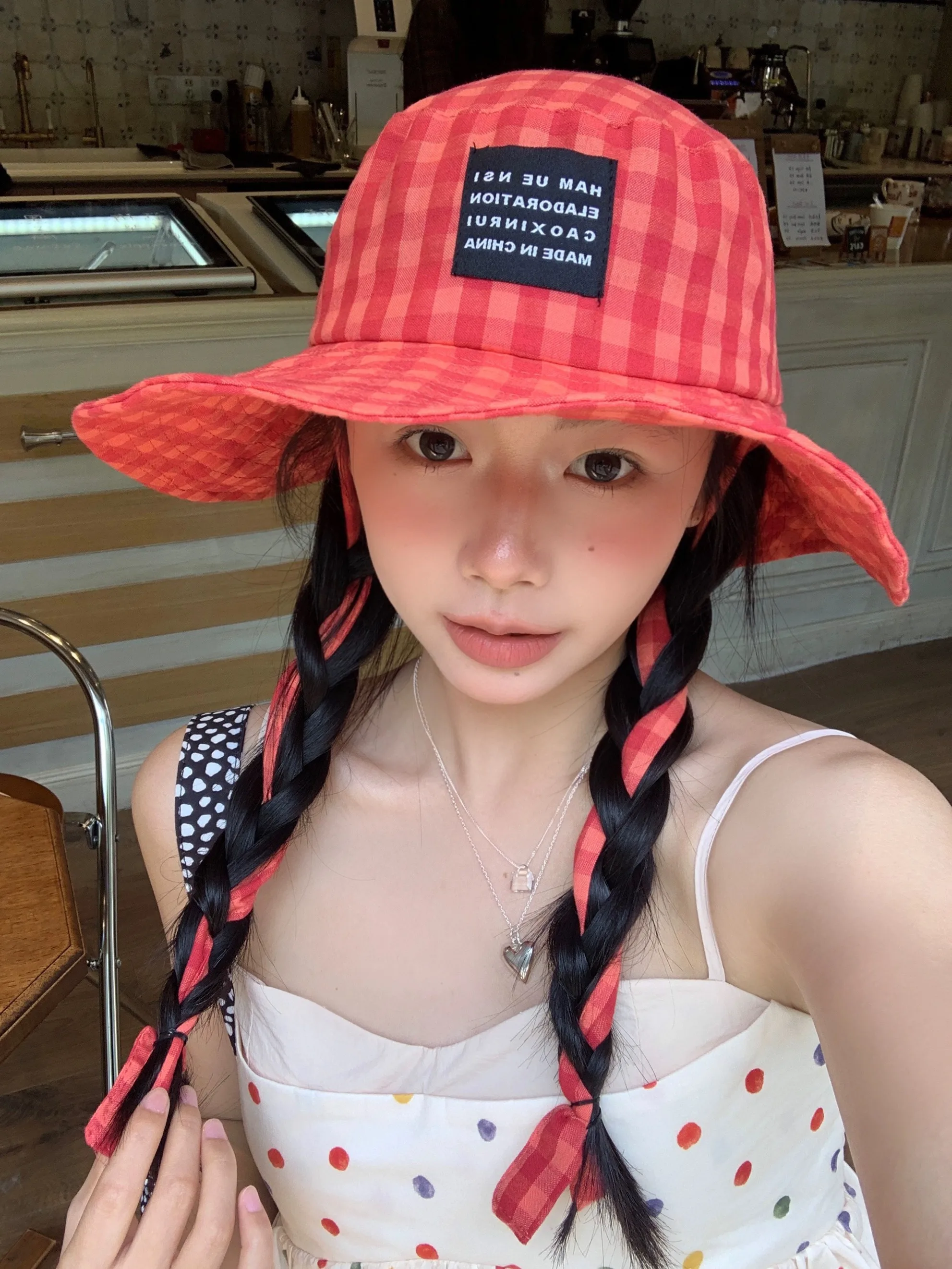 Ins Blogger Retro Plaid Tie Strap Bucket Hat Women Summer Travel