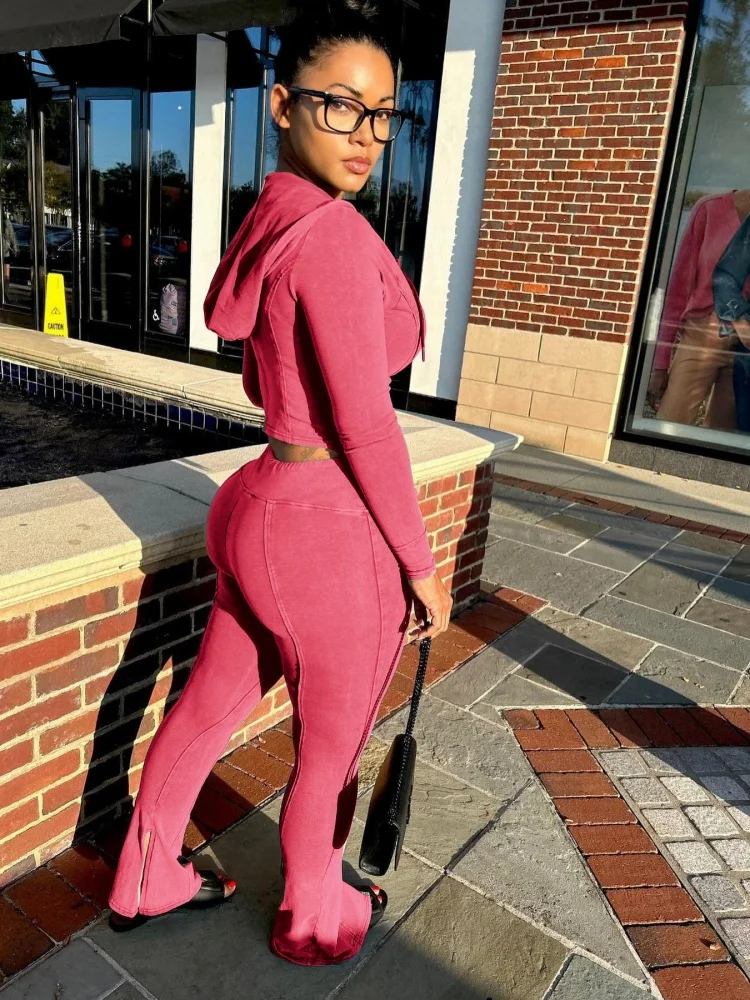 Wmstar 2024 Autumn Women Pants Two Piece Set  Fashionable Casual  Washed Worn Hooded Flared Pants Set Wholesale Dropshipping