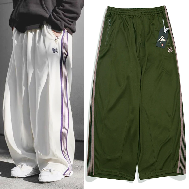 

Needles Sweatpants Men Women Quick Drying Wide Leg Pants Streetwear Hip Hop Butterfly Embroidery Striped Green AWGE Trousers