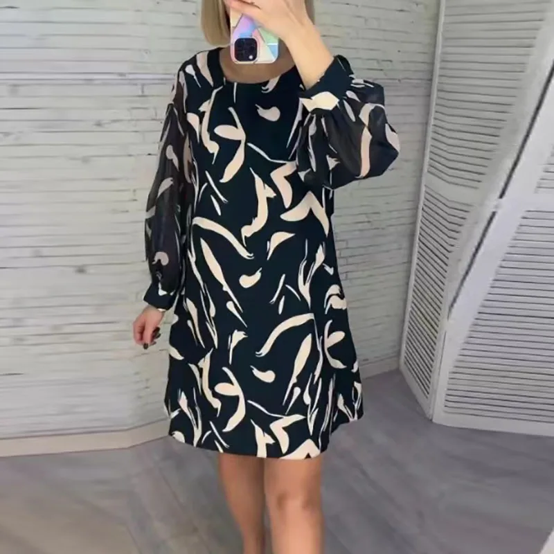 

Female Elegant O-neck Straight Party Dress 2024 Spring Pattern Print Vintage Mini Dress Women Long Sleeve A-Line Autumn Dresses