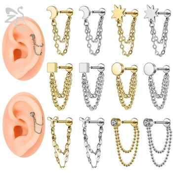 ZS 1 PC 16G Stainless Steel Stud Earring For Women Girls Tassel Drop Ear Studs CZ Crystal Cartilage Helix Lobe Piercing Jewelry 1