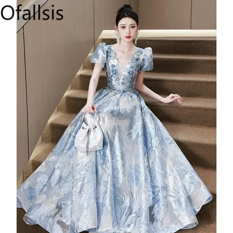 

Ofallsis Blue V neck Puff Sleeve Evening Dress 2023 Summer New High End Luxury Grand High Sense Female Dinner Host Party Dresses