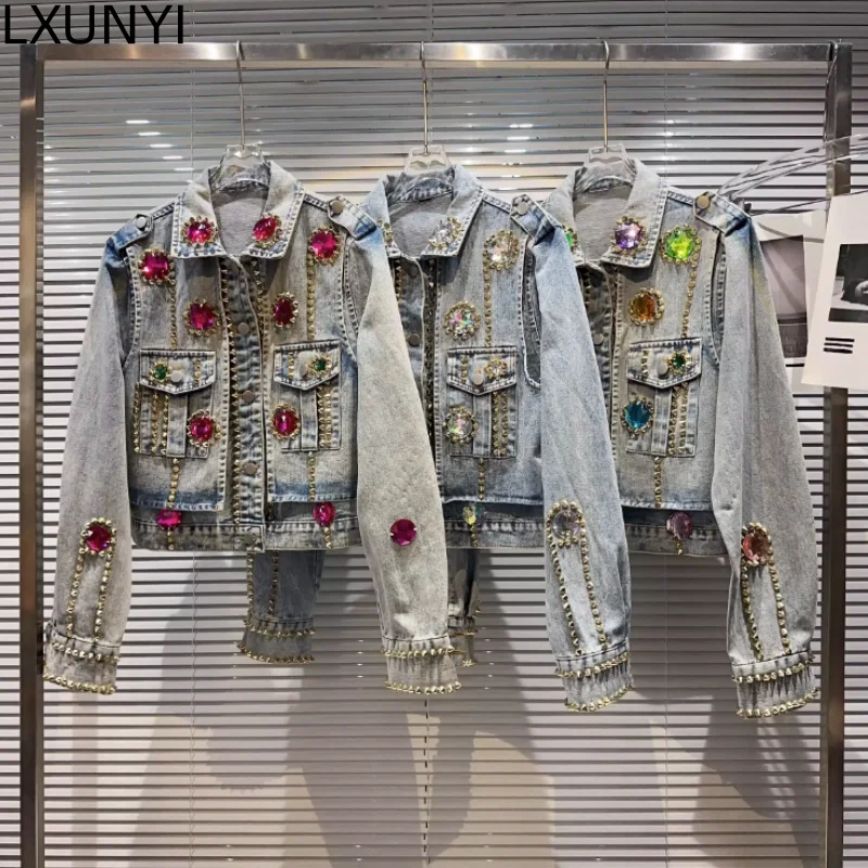 

Multicolour Diamond Denim Jacket Women 2023 Autumn New Luxury Heavy Beading Rhinestone epaulet Casual Jeans Coat Ladies Rivet