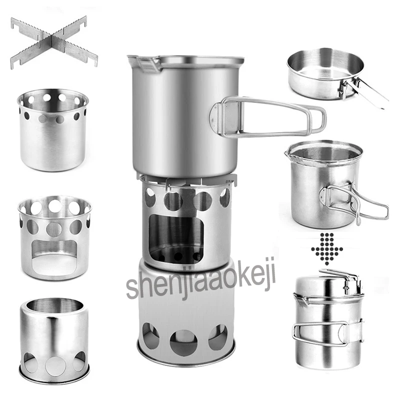 Stainless Steel Multi-purpose camping grill stove Outdoor Hiking windproof Wood burning stove / stove + pot set Combo Set 1pc 2