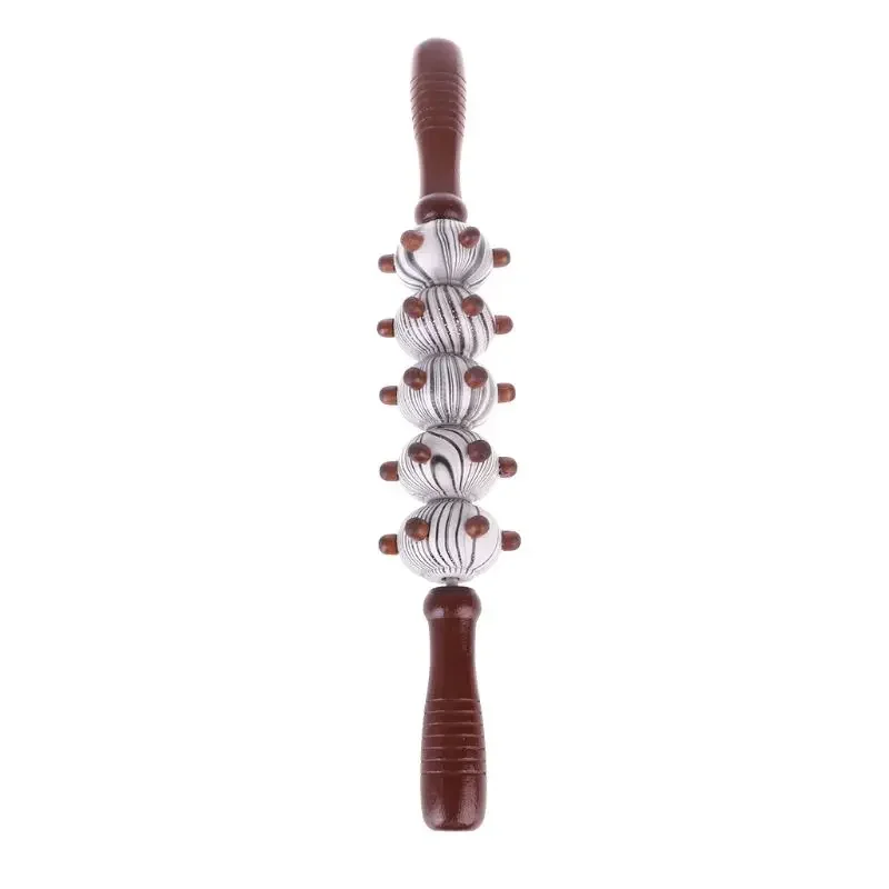 1pcs Wooden Exercise Roller Five Fine Wheel Shaft Whole Body Massage Roller Pounded Waist Back Massage Neck Leg Wood Massager