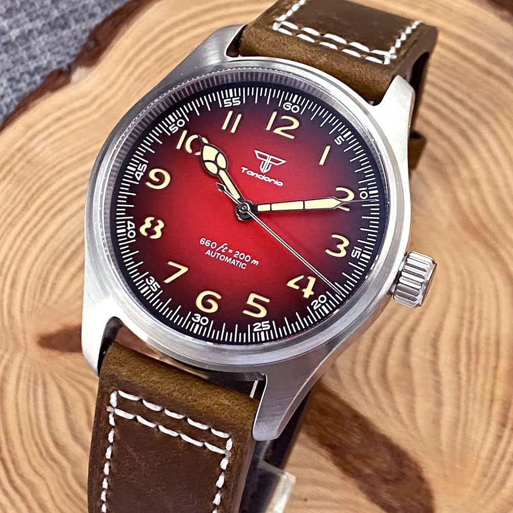 

NH35A PT5000 39mm Pilot Tandorio Retro Gray Red Blue Watch For Men 200m Waterproof Green Luminous Automatic Brown Leather Strap