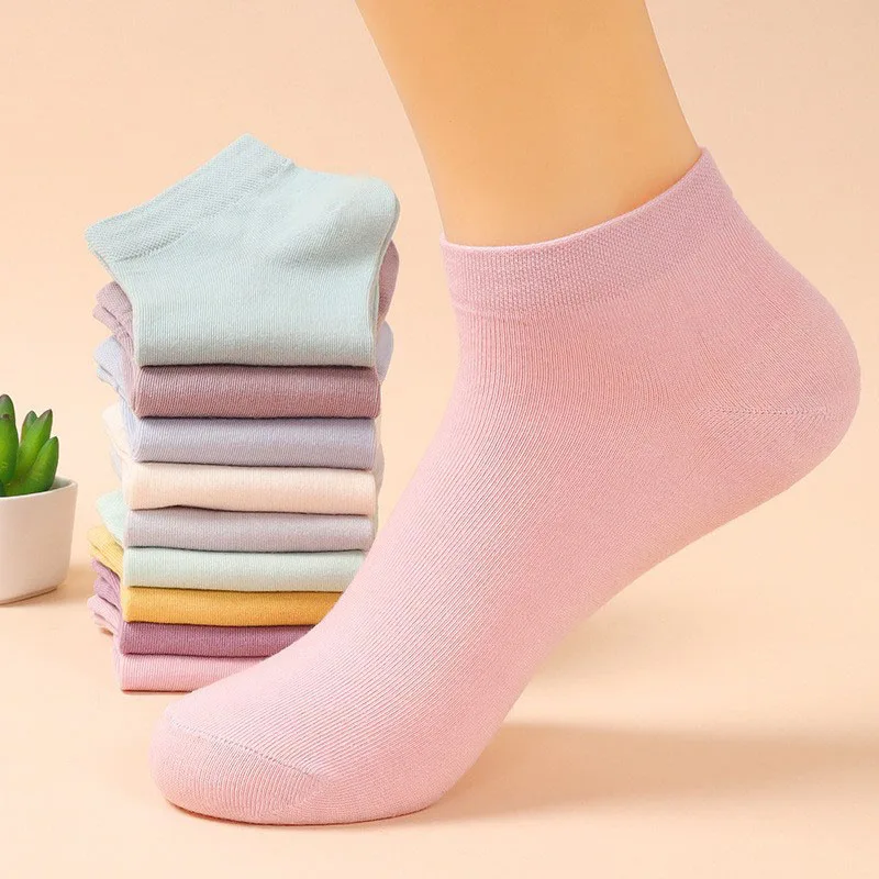 

5 Pairs Women Summer Candy Color Pure Cotton Socks Sweet Solid Color Breathable Sweat Absorbent Shallow Mouth Invisible Socks