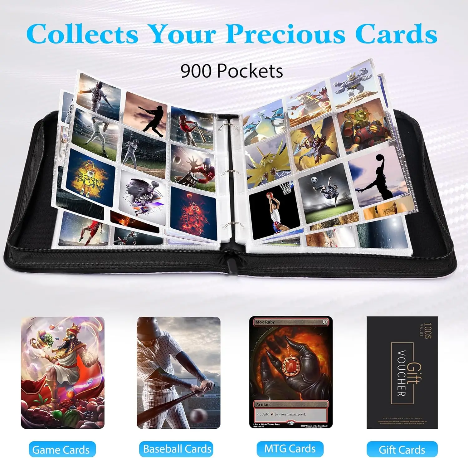 900 Pockets Card Binder Sleeves with Zipper, Double Sided Pockets Card Holder Carry Card Case for TCG CCG Card Storage(Black) 6