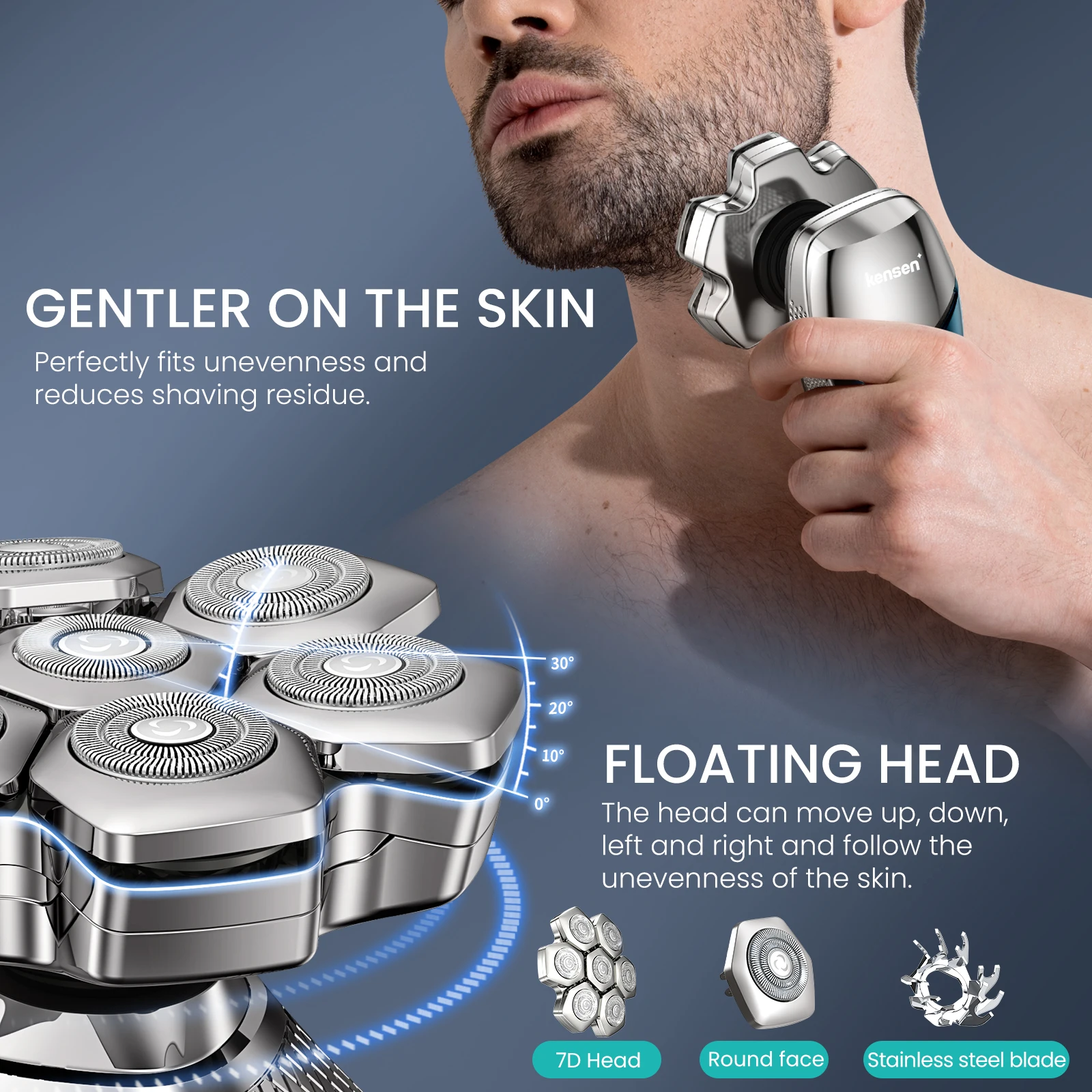 Kensen S18 Electric Head Shaver for Men Rechargeable 7D Floating Cutter Magnetic 5 in 1 Shaver Hair Trimmer Clipper Head Razors 3