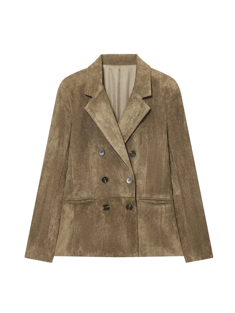 Women's Double-Breasted Blazer Stylish Lapel Collar Casual Versatile Jacket Top Fashion Ladies Office Commuting Suit Coat