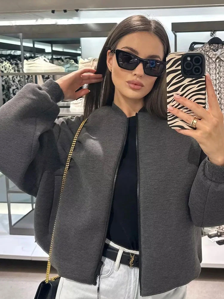 

Casual Solid Women's Bomber Jacket 2023 Autumn V Neck Long Sleeve Front Zipper Jackets For Women Casual Office Female Outerwears