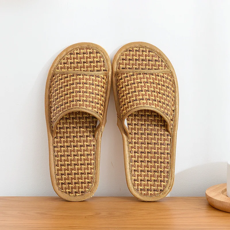 Rattan Home Linen Slippers for Women Men Summer Wisteria Woven Cooling Floor Indoor Slides Unisex Bedroom Shoes Zapatillas Mujer