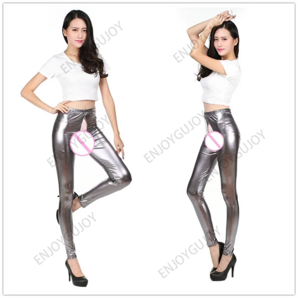 Invisible Open Crotch Outdoor Sex Women Bright Faux Leather Pants Sexy Yoga PU Leggings Sports Casual Tights Dance Club HotPants