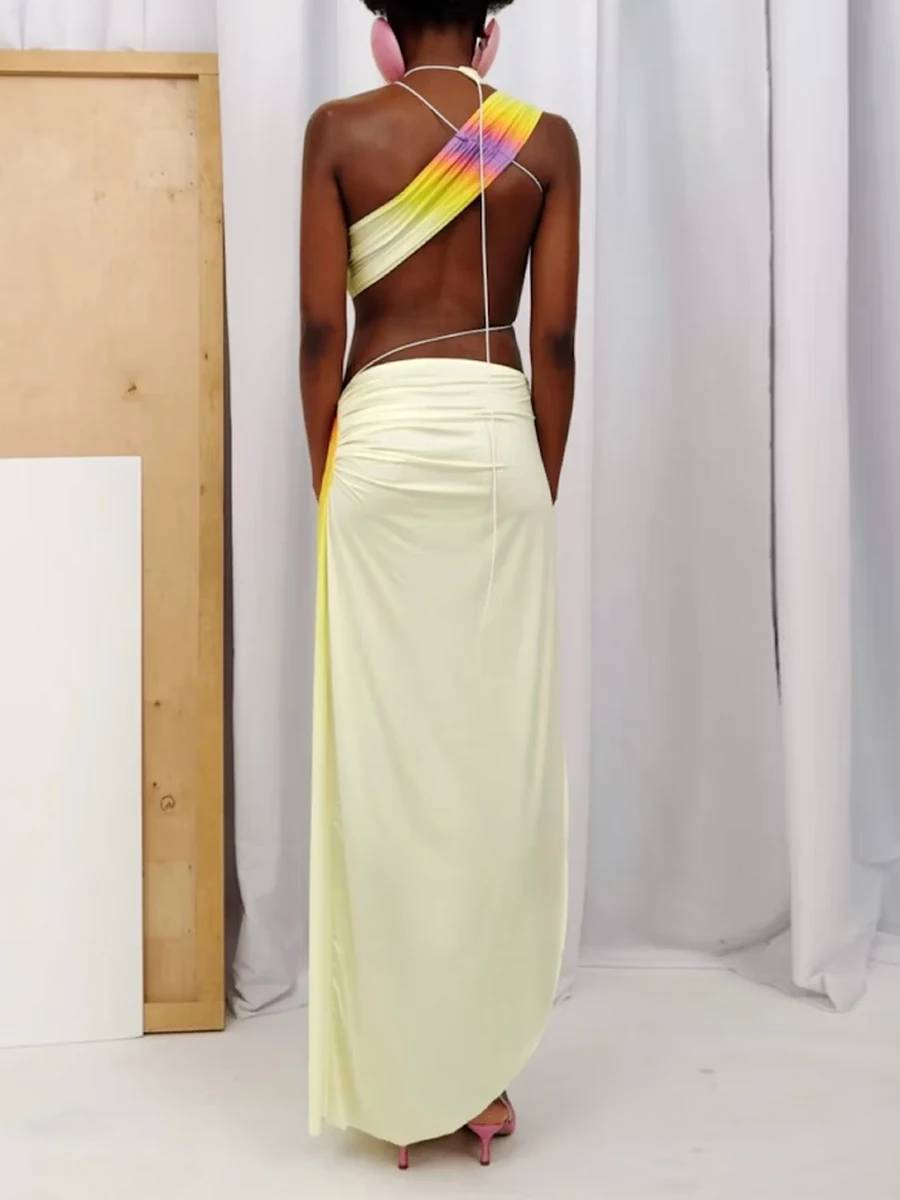 Multi Color Gradient Swimwear Fashion Beach Skirt With High Slit Beach Wear Design Backless Sexy Women'S  Swimming Costumes