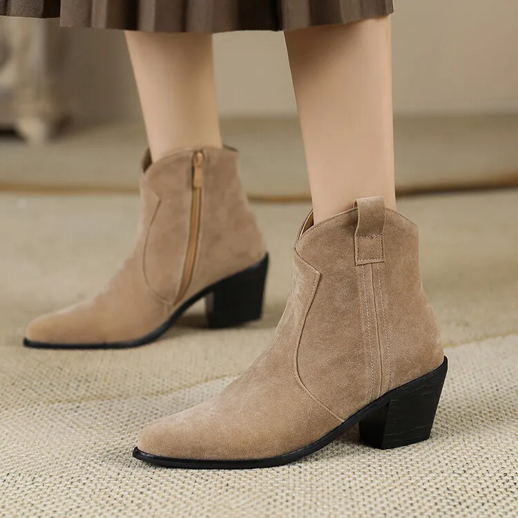 Big Size 46 Women Western Cowboy Boots Nubuck Thick Heels Cowgirl Short Boot Winter Shoes