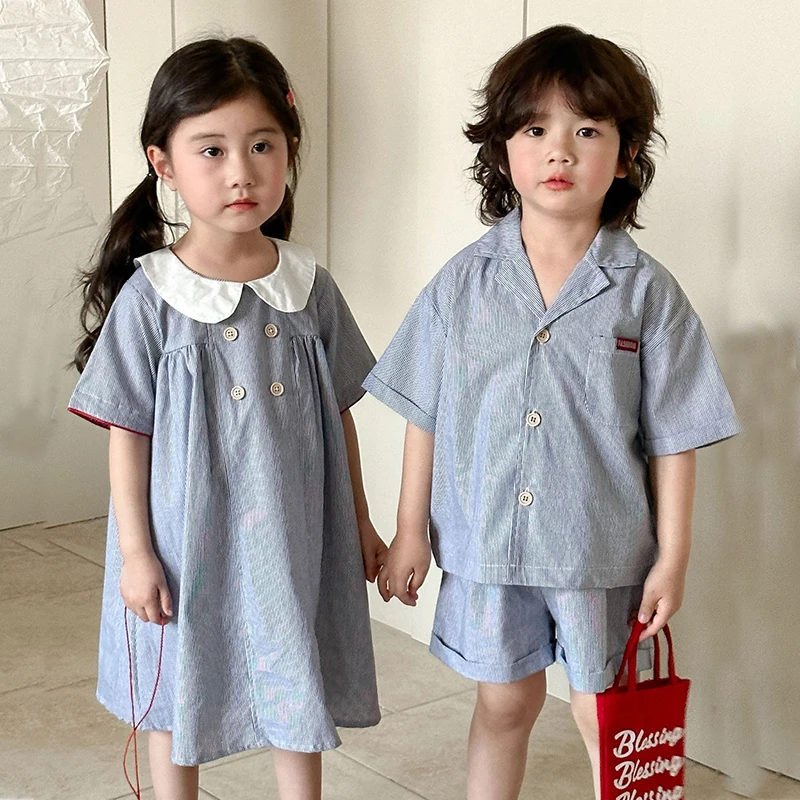 Sibling Clothes 1-8Y Children's Summer Shirt Set Boys Striped Lapel Shirt Shorts 2Pcs Girls Peter Pan Collar Dress Kid's Outfit