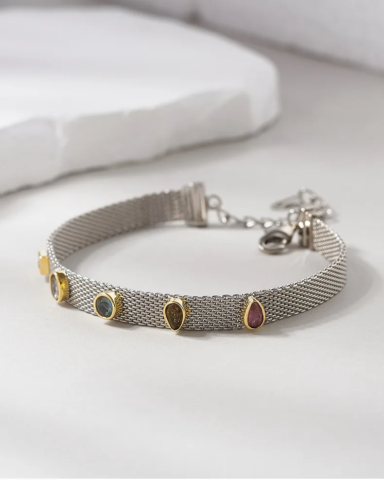 Silver Natural Tourmaline Woven Safety Chain Bracelets,  Minimalistic Geometric Chic Bracelet