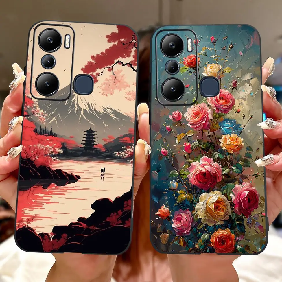 Silicone Cute Cat and Floral Painted Back Cover