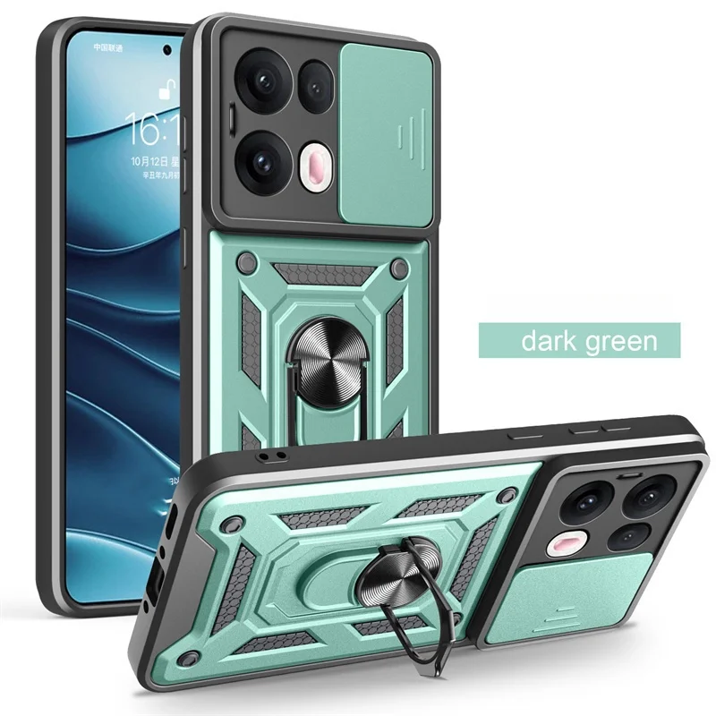 Shockproof Armor Case with Ring Holder and Slide Lens Protection Cover