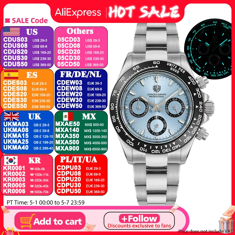 

Watchdives WD16500 Chronograph Watch VK63 Quartz Movement BGW9 Luminous Sapphire Crystal with Clear AR Coating 39mm Wristwatch