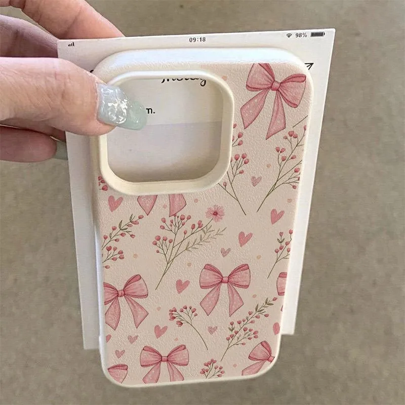 Pink Floral Bow Lychee Texture Soft Phone Case