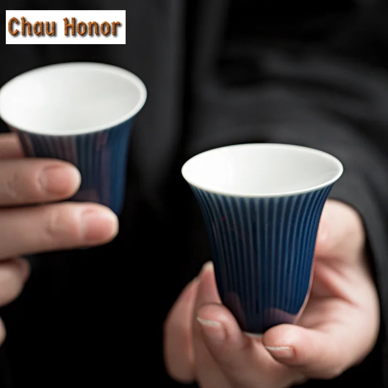 2pc/Set 35ml Striped Ji Blue Ceramic TeaCup Cup Kung Fu Tea Maker Single Master Cup Smell Cup Kung Fu Tea Set Drinking Teaware