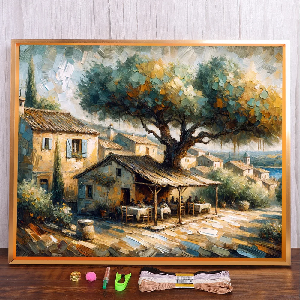 Landscape House Printed Fabric Cross-Stitch DIY Embroidery Full Kit DMC Threads Hobby Craft Needlework Sewing Needle Gift Magic
