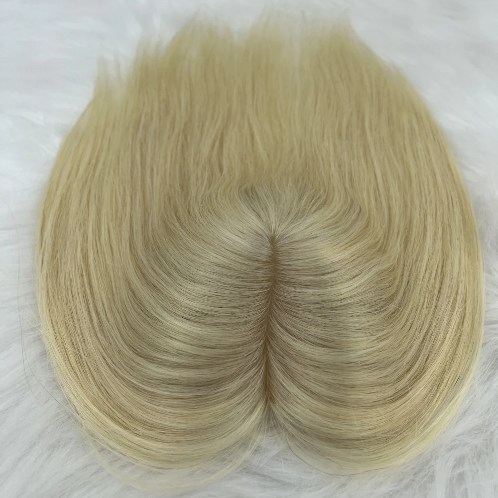 #613 Blonde Ombre Remy Human Hair Topper for Women Two Tone 10X14CM 35cm Silk Skin Base Toupee with 3 Clips in Human Hair Pieces