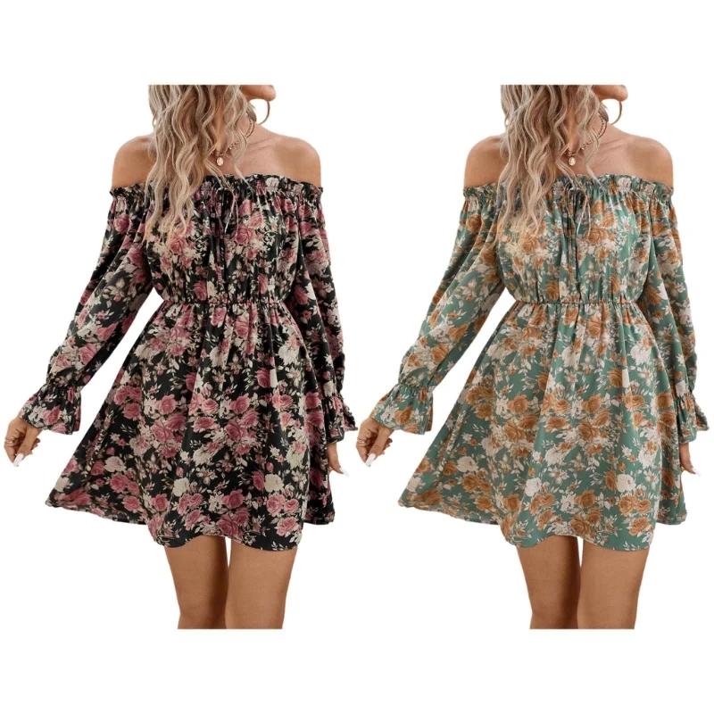 

Womens Autumn Off Shoulder Long Sleeve Dress Casual Floral Print Holiday Dress