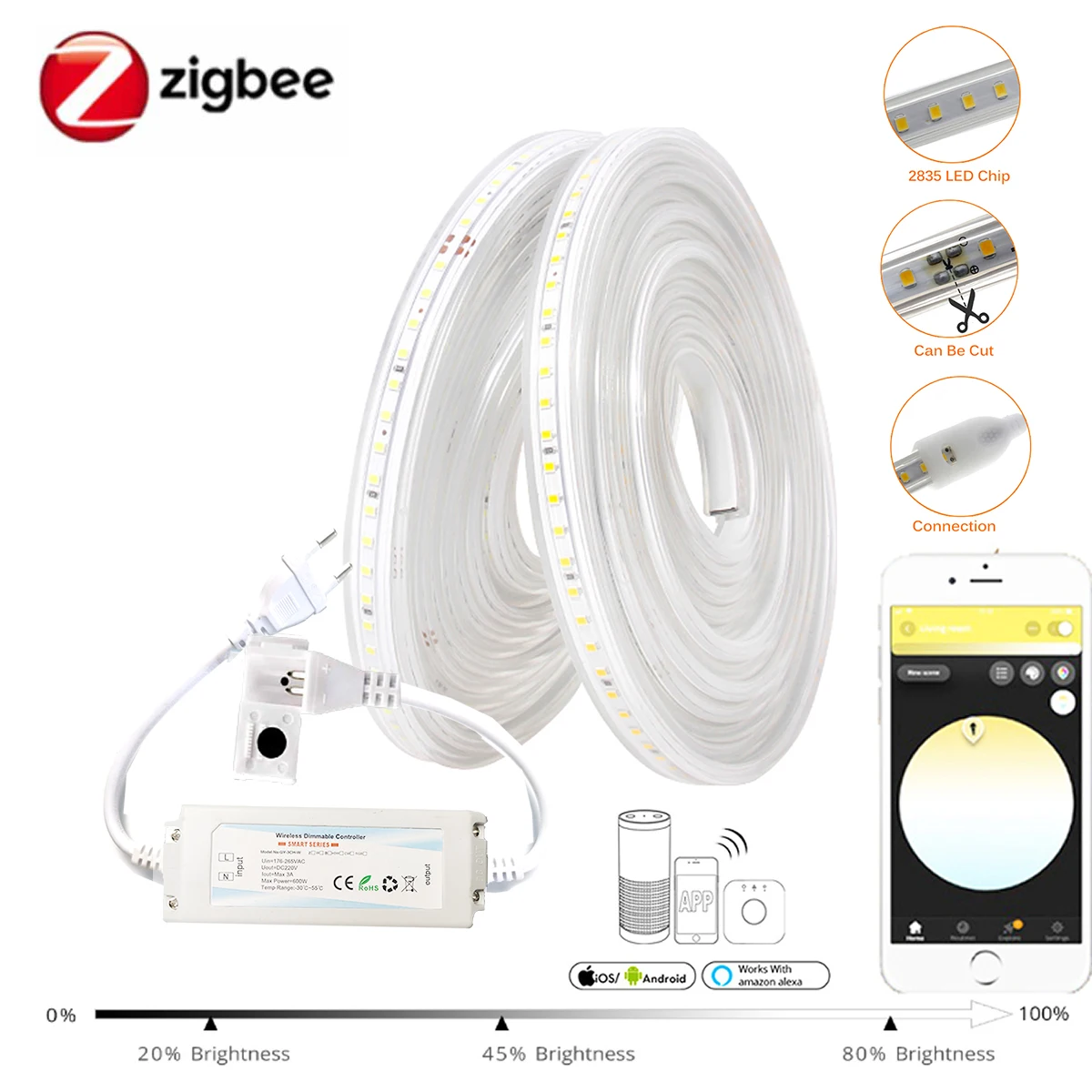 220V Zigbee 3.0 Dimmer Controller Flexible LED Light Strips 120LEDs/m SMD2835 For Aleax Tuya smartthings zigbee2mqtt hub