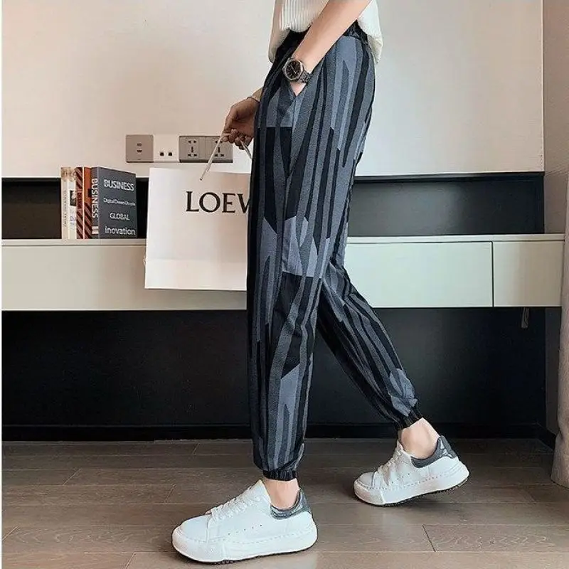 2024 New Summer Casual Loose Plus Oversize Fashion Trend High Waisted Printed Ice Silk Quick Drying Hooded Harlan Pants for Men