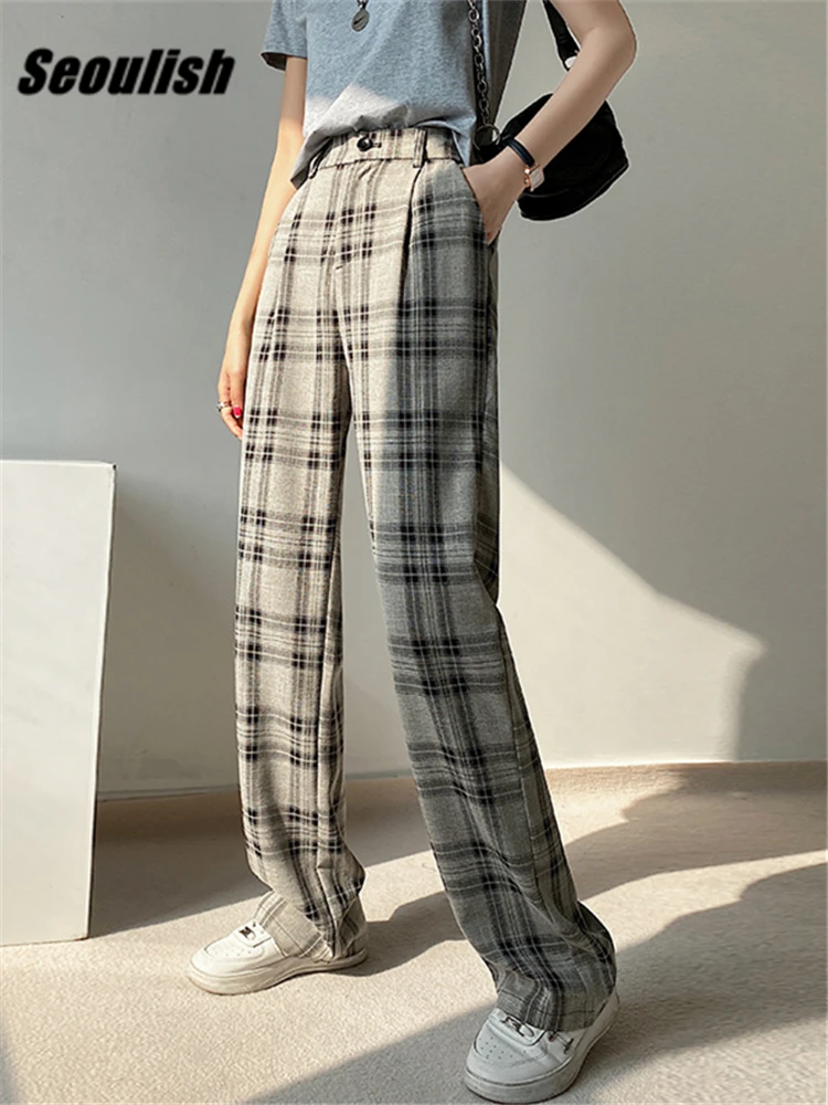 cargo trousers Seoulish Summer Vintage Plaid Wide Leg Women's Pants 2022 New Straight High Waist Button Female Casual Loose Trouses Pockets wide leg trousers