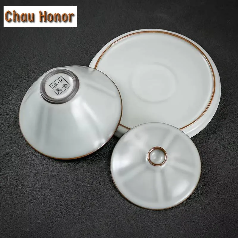 170ml Handmade Ru Kiln Porcelain Gaiwan Ice Cracking Glaze Tea Tureen Chinese Tea Making Cover Bowl Chinese Tea Set Ornaments