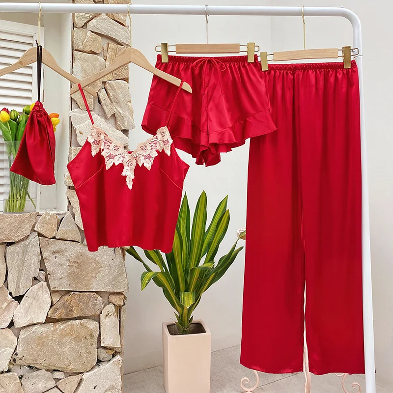 

Искусственный шелк, 4 шт., пижамный комплект для невесты, красные подтяжки, женская одежда для сна на весну и лето, ночная рубашка, повседневная кружевная отделка, домашняя одежда