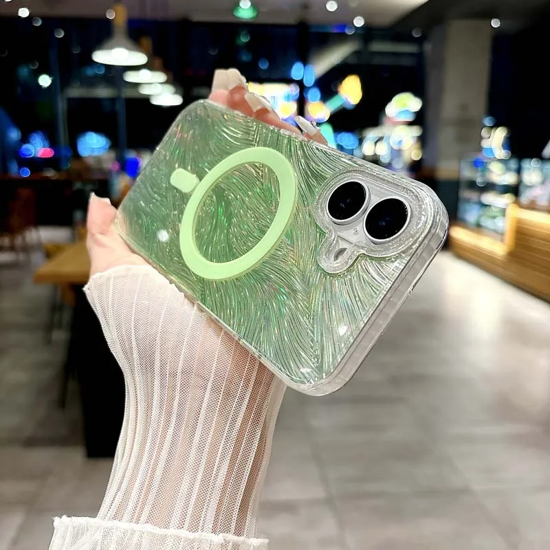 Coque de téléphone de luxe à dégradé laser avec plumes et diamants pour iPhone 16 15 14 13 Pro Max 16pro Glitter Magnetic Cover_voghion.com