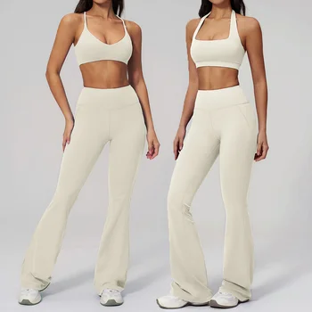 Women's Tracksuits 2PCS Flared Pants Yoga Set Gym Fitness Outfits Female Shockproof Sports Bra Yoga Workout Clothes Sports Sets 1